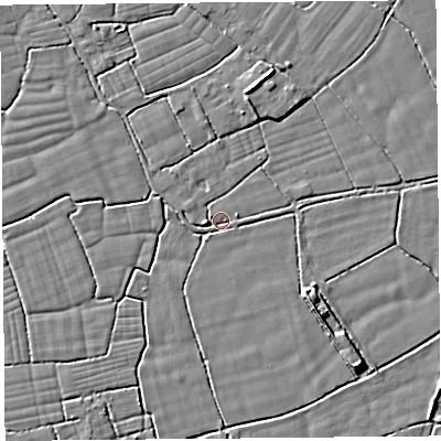 Shaded relief map of the ground around BS246AP, computed from Environment Agency LiDAR. The ground here sits at about 5 m above sea level and falls 5 m across the surrounding 800 m. Surface water reaching this point runs off ground lying to the west-north-west, 1.6 m higher.