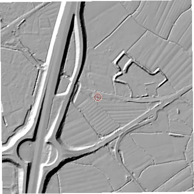 Shaded relief map of the ground around BS246RA, computed from Environment Agency LiDAR. The ground here sits at about 6 m above sea level and falls 10 m across the surrounding 800 m. Surface water reaching this point runs off ground lying to the east, 2.7 m higher.