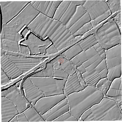 Shaded relief map of the ground around BS246RB, computed from Environment Agency LiDAR. The ground here sits at about 5 m above sea level and falls 6 m across the surrounding 800 m. Surface water reaching this point runs off ground lying to the west, 3.1 m higher.