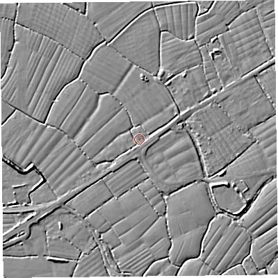 Shaded relief map of the ground around BS246RD, computed from Environment Agency LiDAR. The ground here sits at about 6 m above sea level and falls 6 m across the surrounding 800 m. Surface water reaching this point runs off ground lying to the south-south-west, 1.5 m higher.