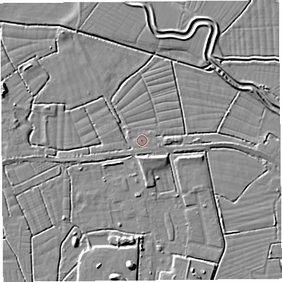 Shaded relief map of the ground around BS246RE, computed from Environment Agency LiDAR. The ground here sits at about 5 m above sea level and falls 7 m across the surrounding 800 m. Surface water reaching this point runs off ground lying to the east-south-east, 0.8 m higher.