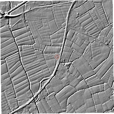 Shaded relief map of the ground around BS246RG, computed from Environment Agency LiDAR. The ground here sits at about 6 m above sea level and falls 7 m across the surrounding 800 m. Surface water reaching this point runs off ground lying to the east, 0.8 m higher.