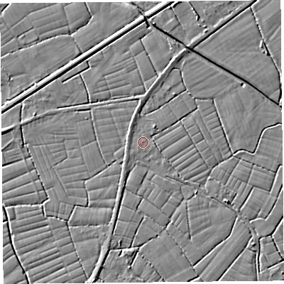Shaded relief map of the ground around BS246RN, computed from Environment Agency LiDAR. The ground here sits at about 6 m above sea level and falls 4 m across the surrounding 800 m. Surface water reaching this point runs off ground lying to the east-south-east, 1.0 m higher.