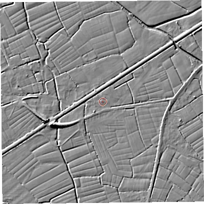 Shaded relief map of the ground around BS246RP, computed from Environment Agency LiDAR. The ground here sits at about 6 m above sea level and falls 8 m across the surrounding 800 m. Surface water reaching this point runs off ground lying to the east-south-east, 1.1 m higher.