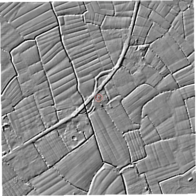 Shaded relief map of the ground around BS246RQ, computed from Environment Agency LiDAR. The ground here sits at about 6 m above sea level and falls 3 m across the surrounding 800 m. Surface water reaching this point runs off ground lying to the north, 0.8 m higher.