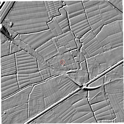 Shaded relief map of the ground around BS246RR, computed from Environment Agency LiDAR. The ground here sits at about 5 m above sea level and falls 9 m across the surrounding 800 m. Surface water reaching this point runs off ground lying to the west-north-west, 0.7 m higher.