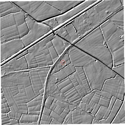 Shaded relief map of the ground around BS246RS, computed from Environment Agency LiDAR. The ground here sits at about 6 m above sea level and falls 4 m across the surrounding 800 m. Surface water reaching this point runs off ground lying to the north-north-west, 0.9 m higher.