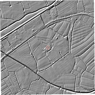 Shaded relief map of the ground around BS246RU, computed from Environment Agency LiDAR. The ground here sits at about 5 m above sea level and falls 4 m across the surrounding 800 m. Surface water reaching this point runs off ground lying to the west-north-west, 1.1 m higher.