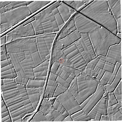 Shaded relief map of the ground around BS246RW, computed from Environment Agency LiDAR. The ground here sits at about 5 m above sea level and falls 4 m across the surrounding 800 m. Surface water reaching this point runs off ground lying to the south-west, 1.1 m higher.
