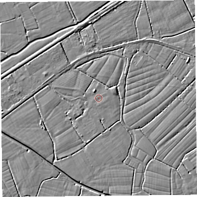 Shaded relief map of the ground around BS246RX, computed from Environment Agency LiDAR. The ground here sits at about 5 m above sea level and falls 4 m across the surrounding 800 m. The ground contributing surface water to this point lies to the south-south-east.