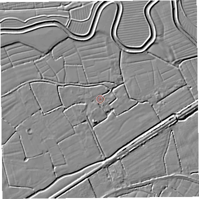 Shaded relief map of the ground around BS246RZ, computed from Environment Agency LiDAR. The ground here sits at about 5 m above sea level and falls 3 m across the surrounding 800 m. Surface water reaching this point runs off ground lying to the south-south-west, 0.7 m higher.