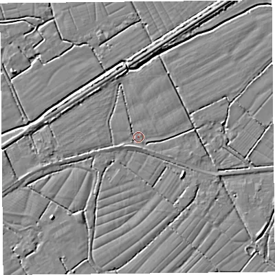 Shaded relief map of the ground around BS246SE, computed from Environment Agency LiDAR. The ground here sits at about 5 m above sea level and falls 3 m across the surrounding 800 m. Surface water reaching this point runs off ground lying to the north-west, 2.4 m higher.
