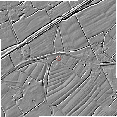 Shaded relief map of the ground around BS246SF, computed from Environment Agency LiDAR. The ground here sits at about 5 m above sea level and falls 4 m across the surrounding 800 m. Surface water reaching this point runs off ground lying to the north-east, 1.6 m higher.