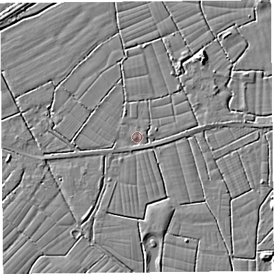 Shaded relief map of the ground around BS246SG, computed from Environment Agency LiDAR. The ground here sits at about 5 m above sea level and falls 6 m across the surrounding 800 m. Surface water reaching this point runs off ground lying to the east-north-east, 1.1 m higher.