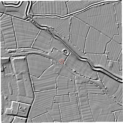 Shaded relief map of the ground around BS246SN, computed from Environment Agency LiDAR. The ground here sits at about 6 m above sea level and falls 5 m across the surrounding 800 m. Surface water reaching this point runs off ground lying to the north-east, 3.4 m higher.