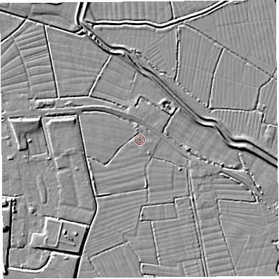 Shaded relief map of the ground around BS246SP, computed from Environment Agency LiDAR. The ground here sits at about 5 m above sea level and falls 6 m across the surrounding 800 m. Surface water reaching this point runs off ground lying to the north-west, 2.0 m higher.