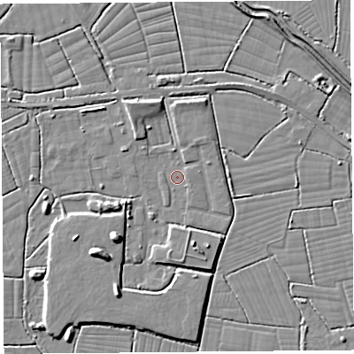 Shaded relief map of the ground around BS246SQ, computed from Environment Agency LiDAR. The ground here sits at about 5 m above sea level and falls 7 m across the surrounding 800 m. Surface water reaching this point runs off ground lying to the south, 2.7 m higher.