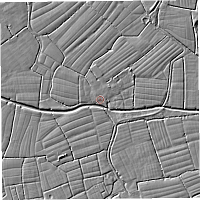 Shaded relief map of the ground around BS246TA, computed from Environment Agency LiDAR. The ground here sits at about 5 m above sea level and falls 3 m across the surrounding 800 m. Surface water reaching this point runs off ground lying to the north-east, 2.6 m higher.