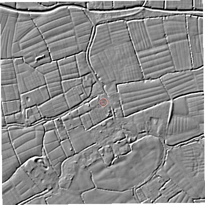 Shaded relief map of the ground around BS246TE, computed from Environment Agency LiDAR. The ground here sits at about 5 m above sea level and falls 4 m across the surrounding 800 m. Surface water reaching this point runs off ground lying to the south-south-east, 2.0 m higher.