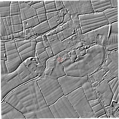 Shaded relief map of the ground around BS246TF, computed from Environment Agency LiDAR. The ground here sits at about 5 m above sea level and falls 3 m across the surrounding 800 m. Surface water reaching this point runs off ground lying to the west, 1.0 m higher.