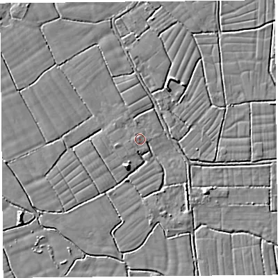 Shaded relief map of the ground around BS246TH, computed from Environment Agency LiDAR. The ground here sits at about 5 m above sea level and falls 5 m across the surrounding 800 m. Surface water reaching this point runs off ground lying to the south-south-west, 4.3 m higher.