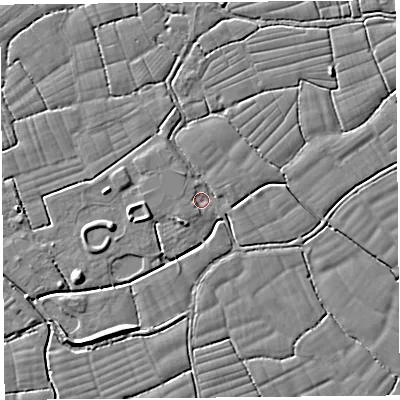 Shaded relief map of the ground around BS246TP, computed from Environment Agency LiDAR. The ground here sits at about 5 m above sea level and falls 5 m across the surrounding 800 m. Surface water reaching this point runs off ground lying to the south-west, 1.5 m higher.
