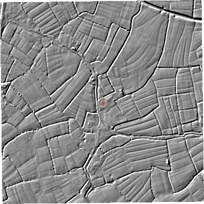 Shaded relief map of the ground around BS246TR, computed from Environment Agency LiDAR. The ground here sits at about 5 m above sea level and falls 4 m across the surrounding 800 m. Surface water reaching this point runs off ground lying to the west, 1.8 m higher.
