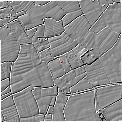 Shaded relief map of the ground around BS246UA, computed from Environment Agency LiDAR. The ground here sits at about 5 m above sea level and falls 5 m across the surrounding 800 m. Surface water reaching this point runs off ground lying to the east-south-east, 1.3 m higher.