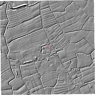 Shaded relief map of the ground around BS246UE, computed from Environment Agency LiDAR. The ground here sits at about 5 m above sea level and falls 5 m across the surrounding 800 m. Surface water reaching this point runs off ground lying to the north-west, 1.3 m higher.