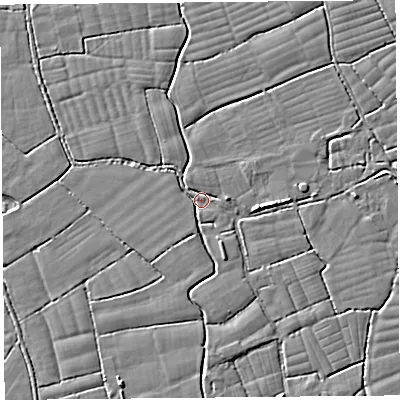 Shaded relief map of the ground around BS246UF, computed from Environment Agency LiDAR. The ground here sits at about 6 m above sea level and falls 4 m across the surrounding 800 m. Surface water reaching this point runs off ground lying to the east, 2.1 m higher.