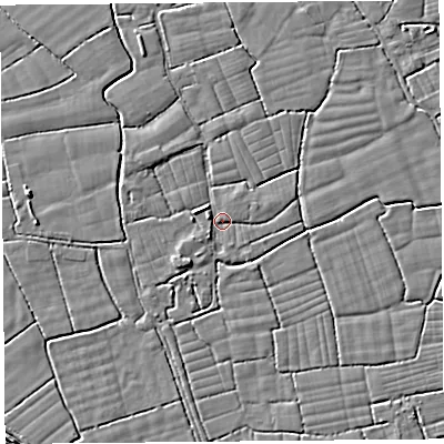 Shaded relief map of the ground around BS246UG, computed from Environment Agency LiDAR. The ground here sits at about 5 m above sea level and falls 3 m across the surrounding 800 m. Surface water reaching this point runs off ground lying to the north-west, 2.3 m higher.