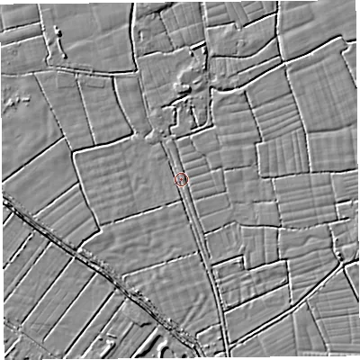 Shaded relief map of the ground around BS246UH, computed from Environment Agency LiDAR. The ground here sits at about 5 m above sea level and falls 3 m across the surrounding 800 m. Surface water reaching this point runs off ground lying to the north, 2.6 m higher.