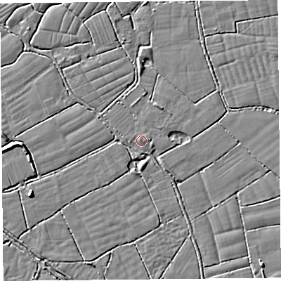 Shaded relief map of the ground around BS246UL, computed from Environment Agency LiDAR. The ground here sits at about 6 m above sea level and falls 5 m across the surrounding 800 m. Surface water reaching this point runs off ground lying to the west, 1.1 m higher.