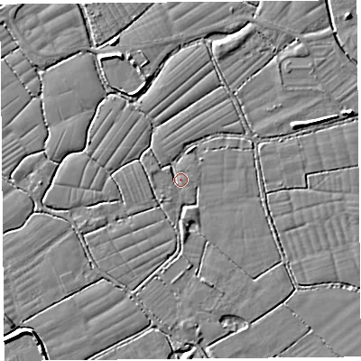Shaded relief map of the ground around BS246UP, computed from Environment Agency LiDAR. The ground here sits at about 6 m above sea level and falls 5 m across the surrounding 800 m. Surface water reaching this point runs off ground lying to the east-north-east, 3.2 m higher.