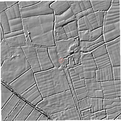 Shaded relief map of the ground around BS246UQ, computed from Environment Agency LiDAR. The ground here sits at about 5 m above sea level and falls 3 m across the surrounding 800 m. Surface water reaching this point runs off ground lying to the west-north-west, 2.2 m higher.