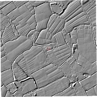 Shaded relief map of the ground around BS246UR, computed from Environment Agency LiDAR. The ground here sits at about 6 m above sea level and falls 5 m across the surrounding 800 m. Surface water reaching this point runs off ground lying to the east-north-east, 1.1 m higher.