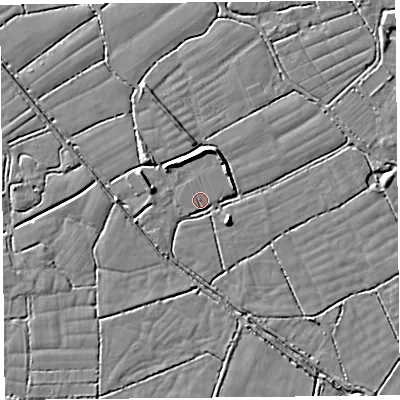Shaded relief map of the ground around BS246UU, computed from Environment Agency LiDAR. The ground here sits at about 6 m above sea level and falls 5 m across the surrounding 800 m. Surface water reaching this point runs off ground lying to the south-south-west, 1.4 m higher.