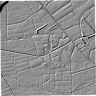 Shaded relief map of the ground around BS246UZ, computed from Environment Agency LiDAR. The ground here sits at about 5 m above sea level and falls 10 m across the surrounding 800 m. Surface water reaching this point runs off ground lying to the north-east, 2.2 m higher.