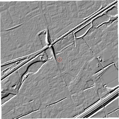 Shaded relief map of the ground around BS247AX, computed from Environment Agency LiDAR. The ground here sits at about 5 m above sea level and falls 7 m across the surrounding 800 m. Surface water reaching this point runs off ground lying to the west-north-west, 1.9 m higher.