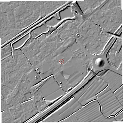 Shaded relief map of the ground around BS247AY, computed from Environment Agency LiDAR. The ground here sits at about 6 m above sea level and falls 9 m across the surrounding 800 m. The ground contributing surface water to this point lies to the south-south-east.