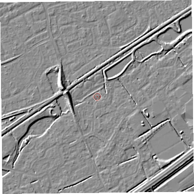 Shaded relief map of the ground around BS247AZ, computed from Environment Agency LiDAR. The ground here sits at about 5 m above sea level and falls 7 m across the surrounding 800 m. Surface water reaching this point runs off ground lying to the west, 6.6 m higher.