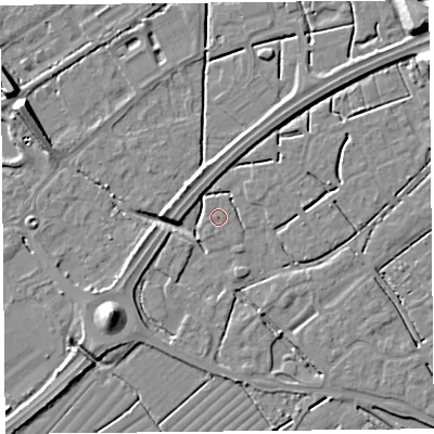 Shaded relief map of the ground around BS247BA, computed from Environment Agency LiDAR. The ground here sits at about 6 m above sea level and falls 11 m across the surrounding 800 m. Surface water reaching this point runs off ground lying to the south-south-west, 0.5 m higher.