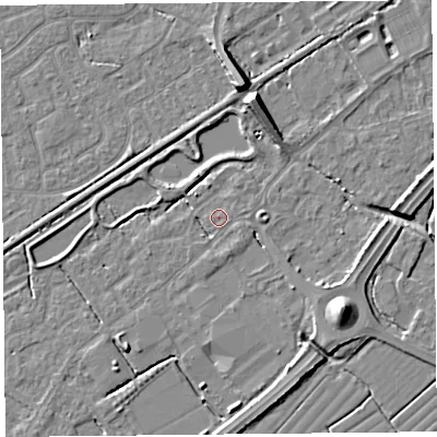 Shaded relief map of the ground around BS247BB, computed from Environment Agency LiDAR. The ground here sits at about 6 m above sea level and falls 9 m across the surrounding 800 m. Surface water reaching this point runs off ground lying to the east-south-east, 0.6 m higher.
