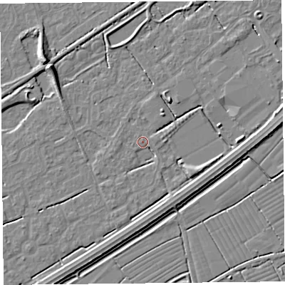 Shaded relief map of the ground around BS247BD, computed from Environment Agency LiDAR. The ground here sits at about 6 m above sea level and falls 7 m across the surrounding 800 m. Surface water reaching this point runs off ground lying to the east-south-east, 3.5 m higher.