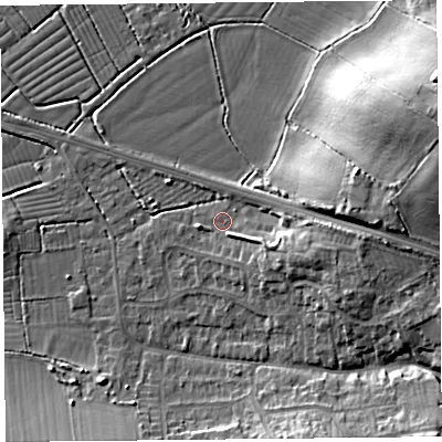 Shaded relief map of the ground around BS247BE, computed from Environment Agency LiDAR. The ground here sits at about 6 m above sea level and falls 16 m across the surrounding 800 m. Surface water reaching this point runs off ground lying to the east, 8.2 m higher.