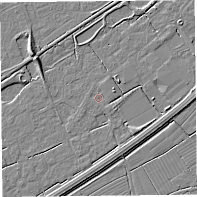 Shaded relief map of the ground around BS247BG, computed from Environment Agency LiDAR. The ground here sits at about 5 m above sea level and falls 7 m across the surrounding 800 m. Surface water reaching this point runs off ground lying to the south-east, 3.5 m higher.