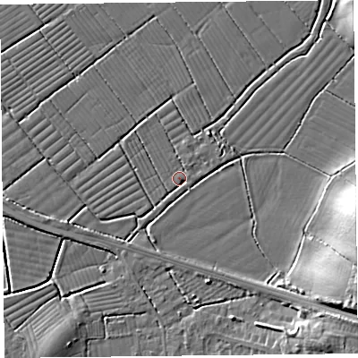 Shaded relief map of the ground around BS247BH, computed from Environment Agency LiDAR. The ground here sits at about 5 m above sea level and falls 12 m across the surrounding 800 m. Surface water reaching this point runs off ground lying to the east-north-east, 1.2 m higher.