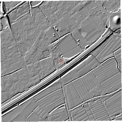 Shaded relief map of the ground around BS247BJ, computed from Environment Agency LiDAR. The ground here sits at about 5 m above sea level and falls 8 m across the surrounding 800 m. Surface water reaching this point runs off ground lying to the east-north-east, 3.6 m higher.