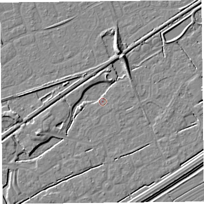 Shaded relief map of the ground around BS247BN, computed from Environment Agency LiDAR. The ground here sits at about 5 m above sea level and falls 7 m across the surrounding 800 m. Surface water reaching this point runs off ground lying to the north-north-east, 6.5 m higher.
