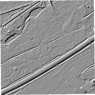 Shaded relief map of the ground around BS247BP, computed from Environment Agency LiDAR. The ground here sits at about 5 m above sea level and falls 4 m across the surrounding 800 m. Surface water reaching this point runs off ground lying to the east-north-east, 0.6 m higher.